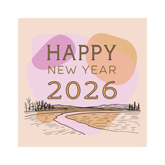  Happy New Year 2026 Card with Abstract Nature Landscape and Winding Road