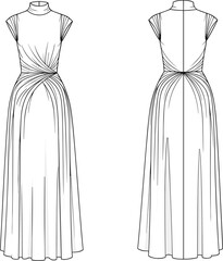 Elegant sleeveless high-neck draped maxi dress fashion flat illustration with twisted waist detailing, flowing skirt design, and clean technical vector lines.