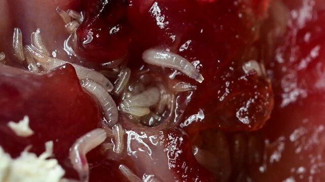 Recently-hatched Blowfly maggots or larvae (Green Bottle fly - Lucilia sericata) crawling over the meat on which the eggs were laid a few days before. Normal speed