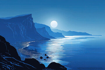 Full moon rising over a tranquil ocean with cliffs in the foreground