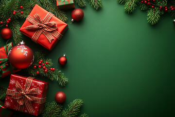 christmas and new year background with gifts, a red ornament on a green background.