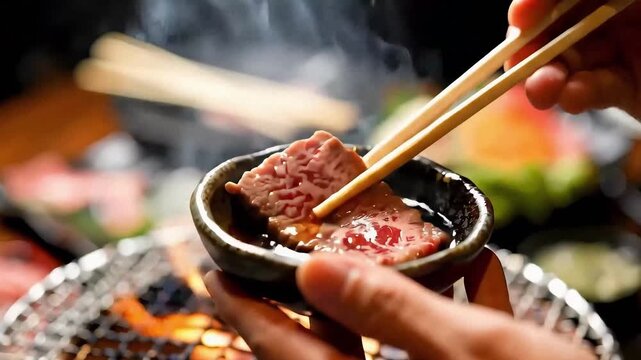 Grilled wagyu beef slice dipped in sauce. Japanese BBQ Yakiniku style on a hot charcoal grill at a restaurant.