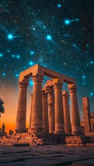 Fototapeta premium Majestic Columns Rise Under a Starry Sky at Karnak Temple, Luxor, Egypt - A Nighttime Wonder