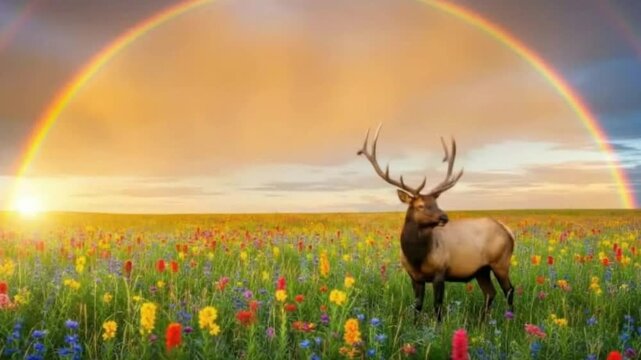A magnificent antlered animal stands serenely amidst a vast, vibrant meadow bursting with colorful wildflowers in full bloom. The striking scene is enhanced by a breathtaking rainbow gracefully archin