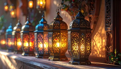 Close-up of intricately patterned lanterns, glowing warmly in sunlight