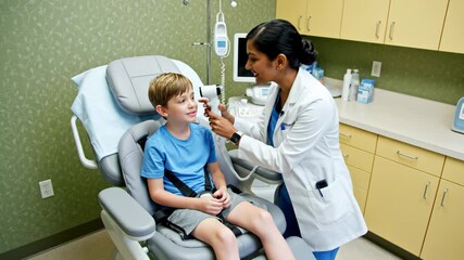 Medical professional examines young childs eye using handheld device in clinical examination room with medical equipment and cabinets