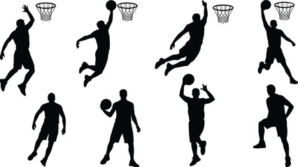 Silhouette basketball players performing dynamic dunks, jumps, dribbling, posing, and athletic actions isolated on white background for sports design and graphics