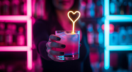 Woman holding cocktail with neon heart stirrer in night club party.