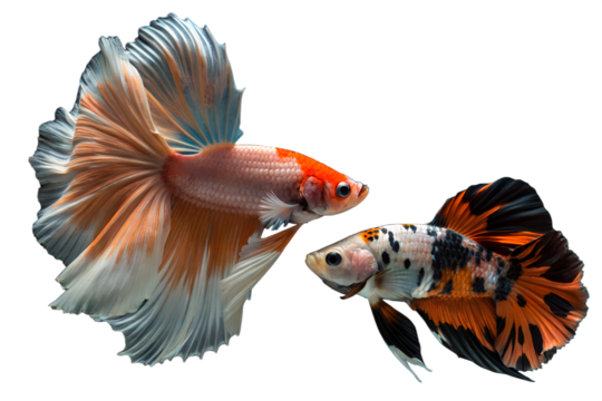 Serene Betta Beauty: Two vibrant betta fish, with flowing fins and intricate patterns, elegantly pose, displaying the exquisite allure of aquatic life.