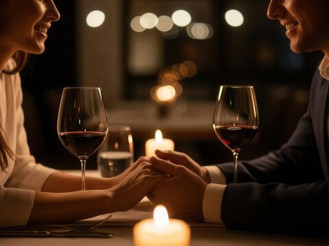 Romantic Dinner Date - Couple Holding Hands Over Wine. - Powered by Adobe