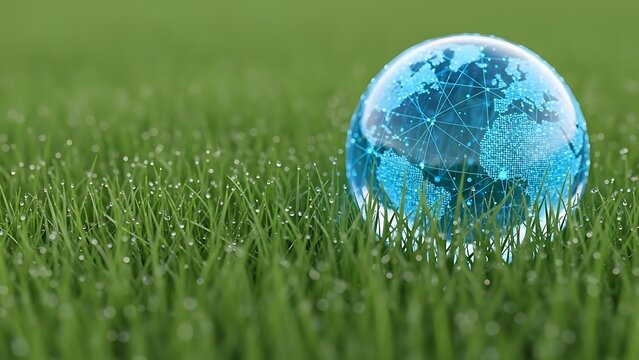 Digital globe with network connections on lush green grass with dew drops earth world - Powered by Adobe