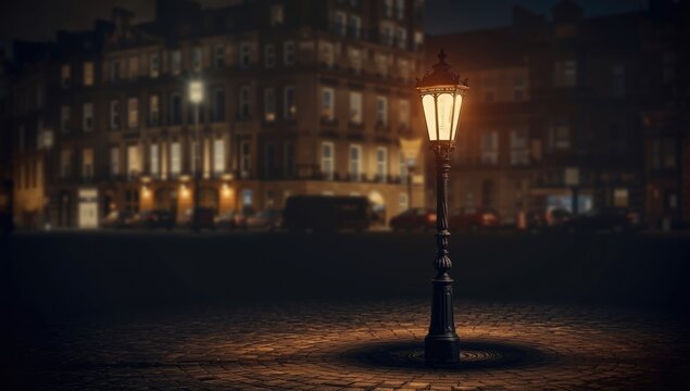 Wrought iron street lamp in Edinburgh, urban lighting fixture for historic city streets