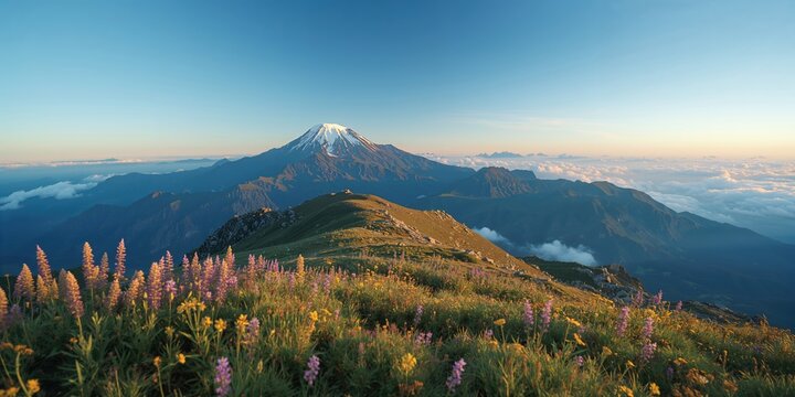 Goryudake and Karamatsudake in mountain sky during summer, scenic landscape with snow-capped peaks, travel and nature photography