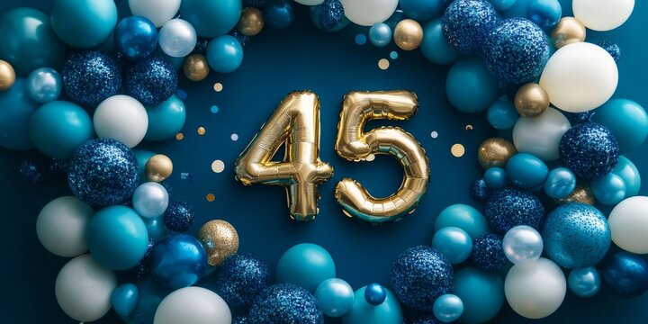 Elegant 45th Birthday Celebration with Golden Balloons, Teal Confetti, and Festive Decorations