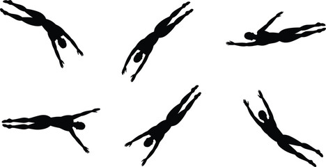 Dynamic swimmer silhouette collection showing freestyle diving motions, athletic water movement poses for creative design, sports illustration projects and training visuals