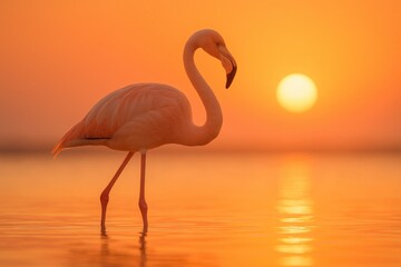 Flamingo Silhouette in Sunset: Witness a solitary flamingo gracefully wading in tranquil waters, its silhouette painted against a vibrant backdrop of a breathtaking sunset.