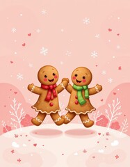Obraz premium A vertical illustration of two happy gingerbread friends dancing at the bottom of a pastel backgroun