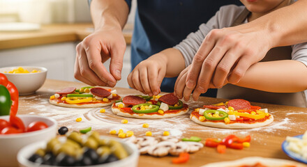 Father and child hands making homemade pizza for Pizza Friday.