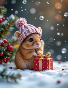 A vertical Christmas scene featuring a tiny mouse wearing a knitted hat sitting beside a small prese