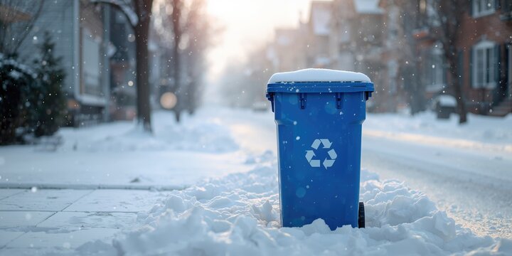 Recycling bin placed on a city sidewalk during winter, emphasizing waste management practices in cold weather