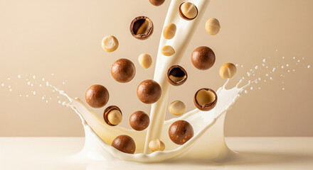 Obraz premium Whole and shelled macadamia nuts falling into rich macadamia milk splash.