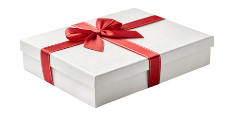 White Christmas gift box with red ribbon and bow, isolated on transparent background, clean cut edges, realistic soft shadow, high-resolution PNG, minimal holiday style, product photography look