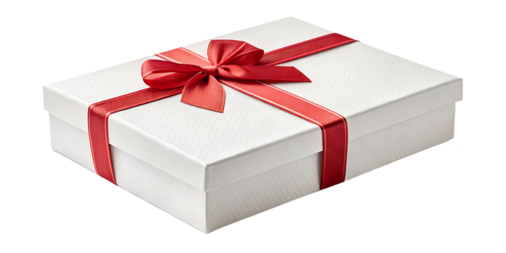 White Christmas gift box with red ribbon and bow, isolated on transparent background, clean cut edges, realistic soft shadow, high-resolution PNG, minimal holiday style, product photography look