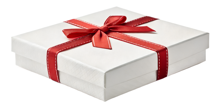 White Christmas gift box with red ribbon and bow, isolated on transparent background, clean cut edges, realistic soft shadow, high-resolution PNG, minimal holiday style, product photography look