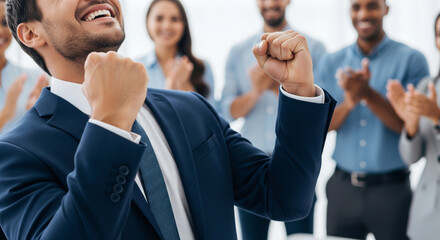 Cheerful businessman celebrating success with clapping team in office.