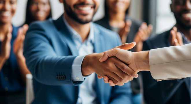 Business partners shaking hands with clapping colleagues celebrating deal.