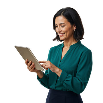 Smiling woman in teal blouse holding and touching a tablet computer isolated on transparent background