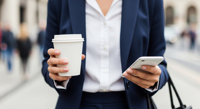 Businesswoman hands holding coffee and smartphone outdoors in city. - Powered by Adobe