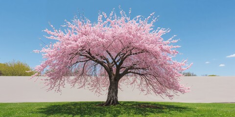 Cherry tree in full bloom against sunny sky, emphasizing seasonal change