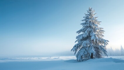 Winter pine tree against a blue sky, seasonal change and natural preservation