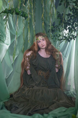 An elven story. A girl with long hair in a magical forest studio