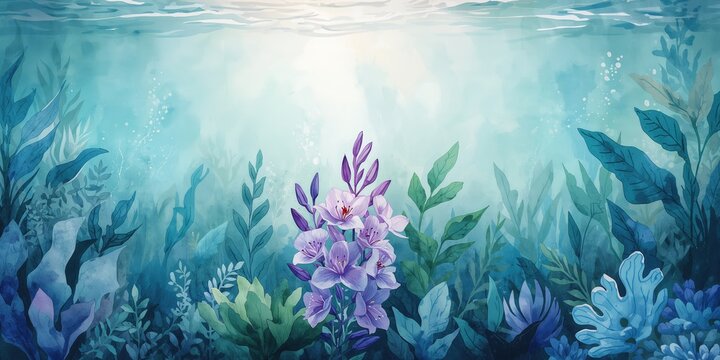 Imaginative watercolor of a folktale scene with aquatic plants beneath the surface, emphasizing artistic storytelling