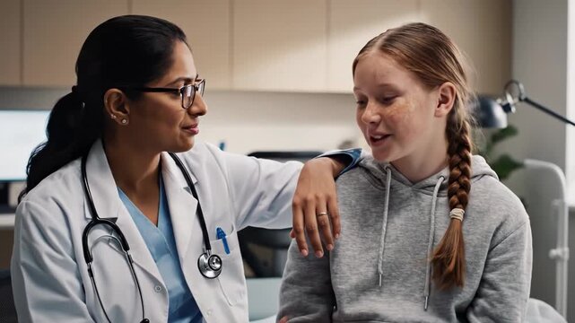 Medical professional interacts with young patient in clinic setting Person seated hand resting on shoulder Indoor environment neutral lighting static camera view