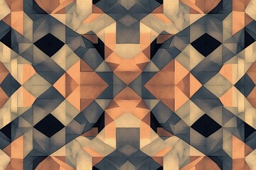 Layered symmetrical polygons create an intricate design featuring warm and cool tones