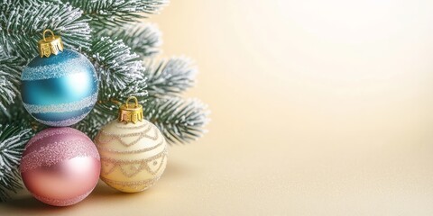 Beautifully Decorated Frosted Christmas Tree with Yellow and Blue Baubles for Holiday Celebration