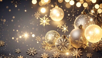 Elegant Christmas Background with Golden Baubles, Sparkling Snowflakes, and Bokeh Lights