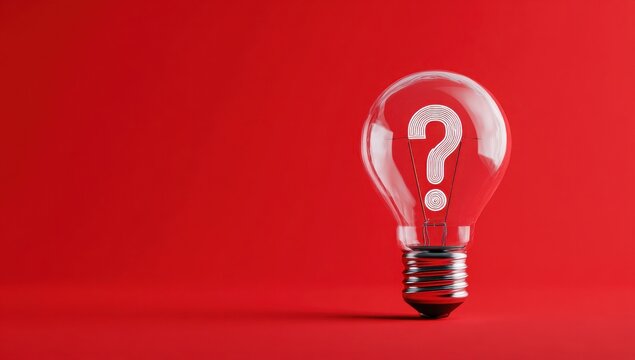 A light bulb with a question mark on it is lit up on a red background