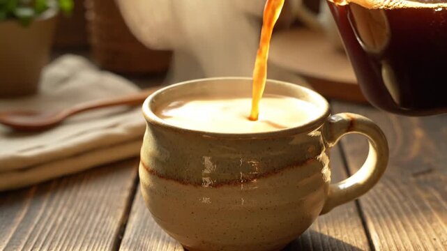 Brewing Coffee Into A Ceramic Mug On A Wooden Table In The Morning