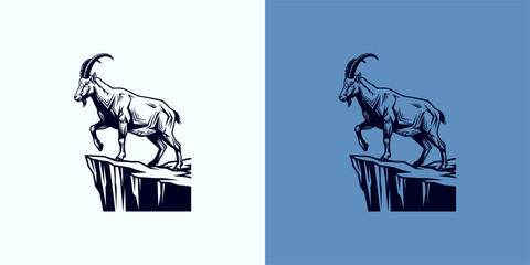 Mountain Ibex On Cliff Edge, Bold Vector Graphic Design For Adventure And Resilience