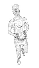 A determined man runs with outstretched arms in a black and white contour sketch. He wears a t-shirt and shorts on a plain white background.