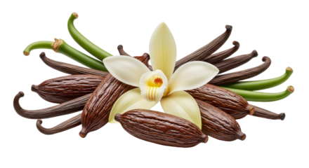 Close-Up of Vanilla Beans and Blossom on White Background Aromatic Spice