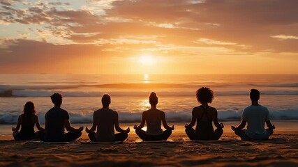 A sunset beach yoga meditation group by ocean horizon for wellnes retreat and mindful practice, serene golden light and peaceful silhouette seated pose coastal sand with calm breath and tranquil sky