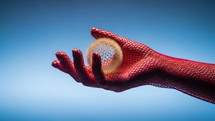 Hand in Red Fishnet Glove Holding Dandelion Seed Head image photo
