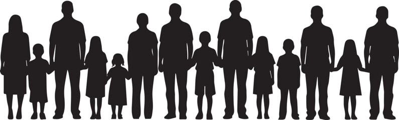 Family group of people of different ages and sizes standing together in a row, silhouette illustration