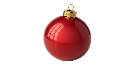Christmas ball ornament isolated on transparent background, glossy red sphere with golden cap, clean edges, soft realistic shadow, high-resolution product render, minimal festive style, PNG format, pr
