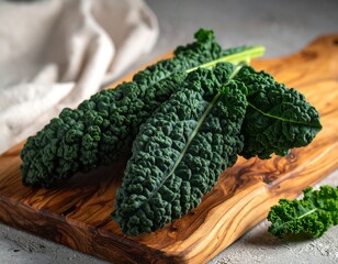 Close-up of lacinato kale leaves on wooden cutting board, light background